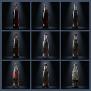 Product photography stylizer of luxury dark products featuring vintage Coca-Cola bottles with dramatic lighting and aged textures.