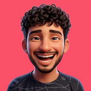 Pixar style AI avatar generator creates a smiling man with curly hair and a beard on a pink background.