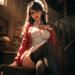 Cinematic lp anime ad featuring a woman in glasses and a red cardigan in a library setting.