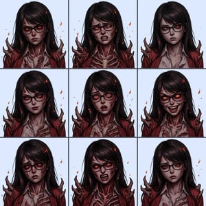 Game character art in diablo dark fantasy style of a woman with glowing red eyes and demonic features showing various expressions.