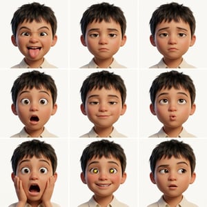 Pixar style ai avatar generator showcases a boy's face with nine different expressive emotions and reactions.