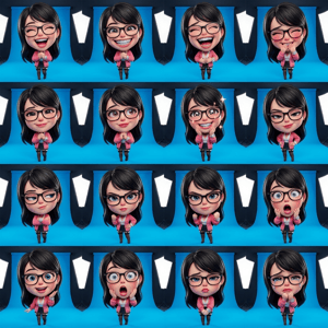 Photo to glossy 3d cartoon expression grid, diamond caricature 3d of a woman showing various emotions.