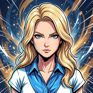 Shonen lp anime ad featuring a determined blonde woman with striking blue eyes against a dynamic background.