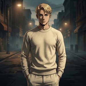 Cinematic lp anime ad featuring a blonde man in a cream sweater standing on a foggy street.