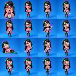 Photo to glossy 3d cartoon expression grid of a diamond caricature 3d woman in various poses and emotions.