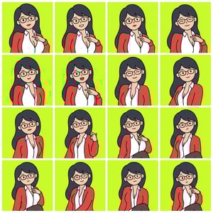 Custom cm doodle vector style collage of a woman in a red blazer showing various expressions and poses.