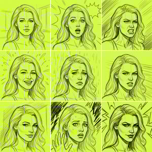 Sketch lineart comic rough pencils of a woman displaying nine different emotional expressions in a grid layout.