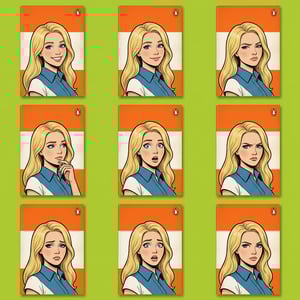 Book cover illustration in vintage Penguin Books style featuring a blonde woman with various expressive emotions.