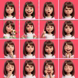 Custom Pixar style 3D avatar grid showcasing a girl's diverse emotions and expressions on a pink background. cm pixar style 3d avatar grid