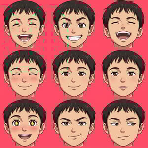 Anime lp avatar ad showcasing a young man's diverse expressions, from joy to contemplation.