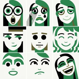 Advertising poster generator in Swiss International Style featuring nine diverse facial expressions and emotions.