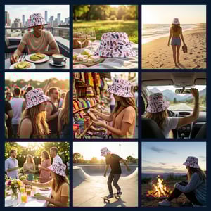 Product photography stylizer showing bucket hats in lifestyle context scenes like a picnic, beach, and concert.