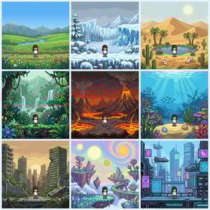 Pixel art converter pixel landscape scenes showcase diverse environments from lush jungles to futuristic cities.