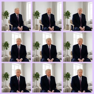 Interior exterior stylizer in Scandinavian minimal style of Donald Trump in a modern living room with different facial expressions.