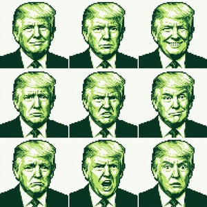 Pixel art converter Gameboy 4color portraits of Donald Trump displaying various facial expressions in a grid layout.