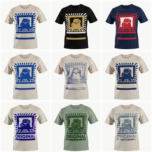 Product photography stylizer of various t-shirts with cat designs in a clean white studio setting. white studio product