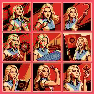 Advertising poster generator in soviet constructivism style featuring a woman with hammer, sickle, and blueprints.