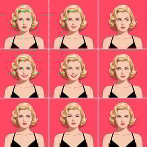 Advertising poster generator featuring a Japanese minimalist ad style portrait of a woman with blonde hair and various expressions.