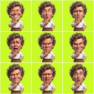 Custom 3D caricature transformation of a man displaying various exaggerated emotions against a bright green background. cm 3d caricature transformation
