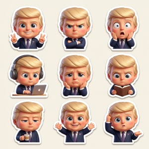 Sticker pack generator chibi sticker pack of Donald Trump in various expressive poses and emotions.