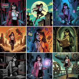 Book cover illustration in manga volume cover style of a woman with glasses in various action-packed scenes.