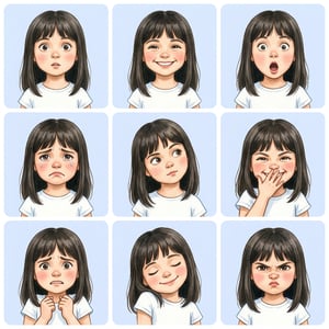 Book cover illustration of a young girl showing various emotions in a children's book illustration style. childrens book illustration