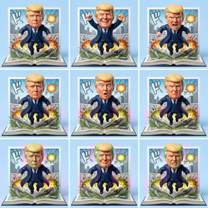 Custom CM manga pop-up book featuring Donald Trump figures in various action poses with comic book explosions. cm manga pop up book