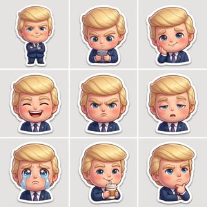 Sticker pack generator of a chibi Donald Trump in various expressive poses, perfect for WhatsApp. whatsapp chibi sticker