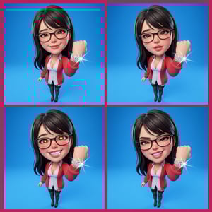 Photo to glossy 3d cartoon expression grid diamond caricature 3d of a woman with a fist raised.