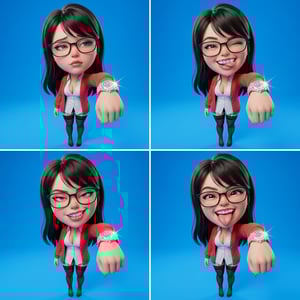 Photo to glossy 3d cartoon expression grid diamond caricature 3d of a woman with different playful expressions.