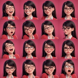 Pixar style glossy 3d cartoon expression grid displays a young woman with glasses in various animated emotions. photo to glossy 3d cartoon expression grid