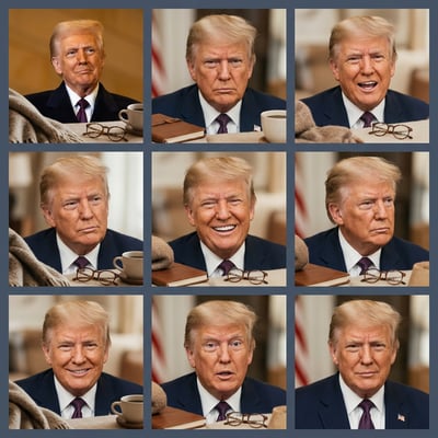 Social media visual pinterest mood board of Donald Trump showing various facial expressions in a collage format.