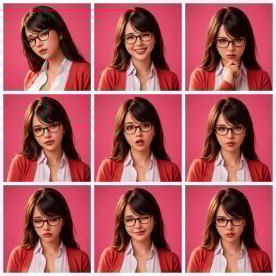 Cinematic portrait studio shots of a young woman with glasses displaying various expressions against a pink background. cinematic studio portrait