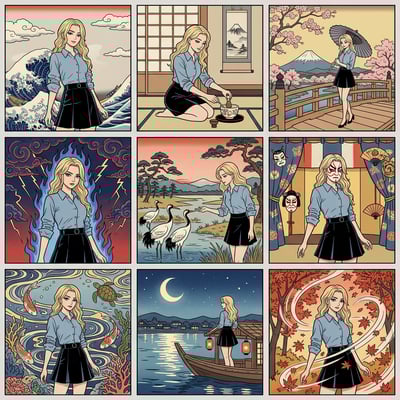 Ukiyo e woodblock style landscape scenes featuring a woman in various iconic Japanese settings and elements. landscape scene stylizer