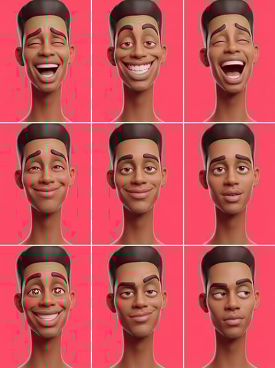 Custom cm 3d caricature portrait 2 displays a man's face with various expressive emotions against a pink background.