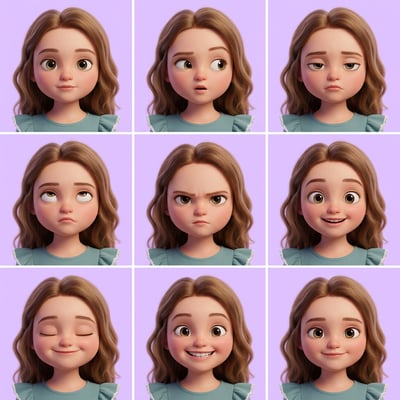 Pixar style AI avatar generator showcases a young girl's diverse emotions through nine expressive portraits.