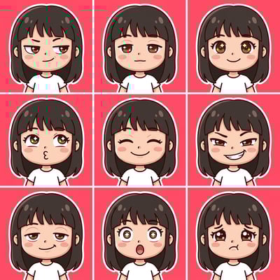 Chibi sticker maker AI art featuring a girl with nine different expressive faces and emotions. ai sticker maker