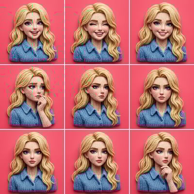 Material transformation knitted yarn texture portraits of a blonde woman displaying various emotions against a pink background.