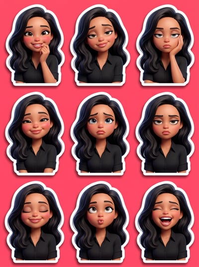 Sticker pack generator character sticker pack featuring a woman with dark wavy hair in various expressive poses.