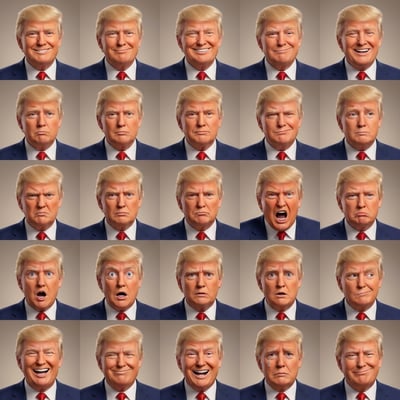 Pixar style AI avatar generator shows Donald Trump with various facial expressions in a grid format.