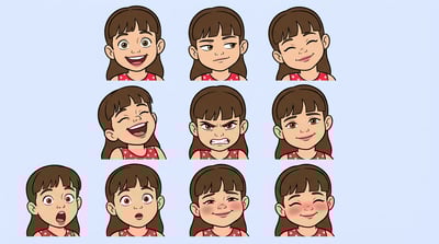 AI cartoon yourself in classic cartoon style with a girl displaying various expressive emotions and reactions.