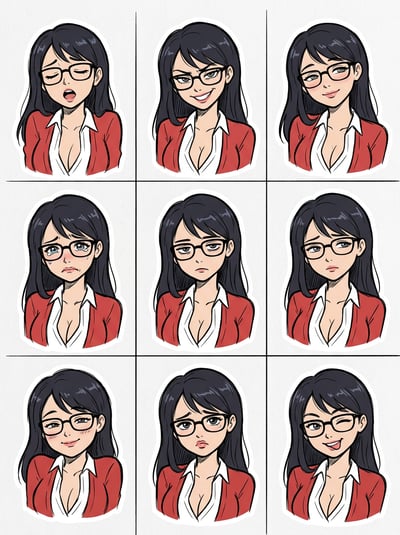AI sticker maker doodle set featuring a woman with glasses expressing various emotions like crying, winking, and smiling.
