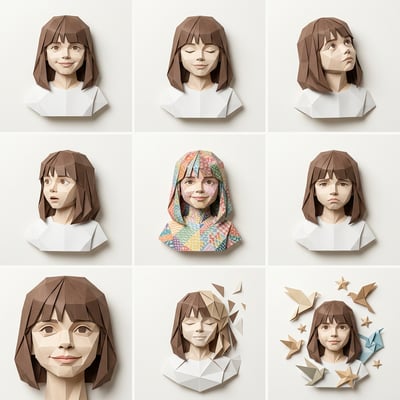 Paper craft art features origami paper food portraits of a girl displaying various emotions and styles with delicate paper birds.
