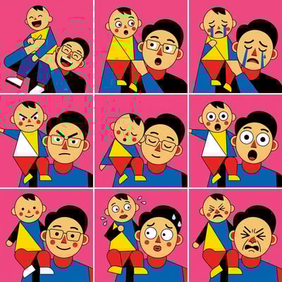 Bauhaus cartoon art styles show a father and child displaying various emotions in a comic strip format. art styles cartoon