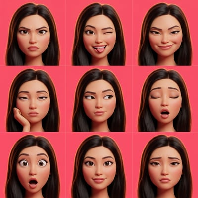 Pixar style AI avatar generator showcasing a young woman with dark hair displaying nine different expressive emotions.