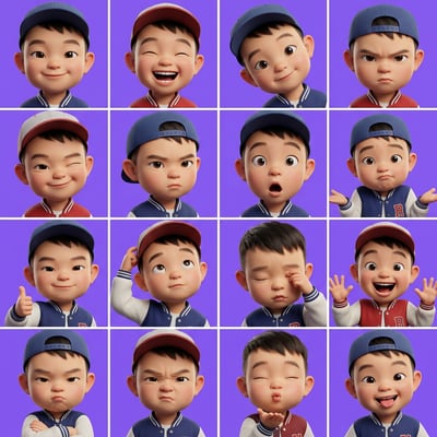 Pixar 3D cartoon boy, American all-star style, displays a collage of diverse facial expressions and emotions. american all star boy