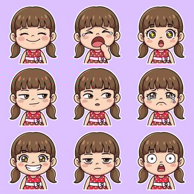 AI sticker maker chibi collection of a girl with various expressive emotions and reactions.