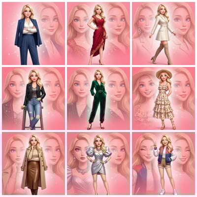 Personal brand visual fashion poster 3d of a blonde woman in various stylish outfits on a pink background.