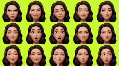 Pixar style ai avatar generator shows a woman with various expressive emotions against a bright green background.