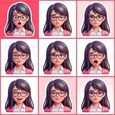 AI sticker maker 3D bubble style shows a woman with glasses in nine different expressive poses.